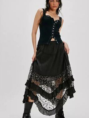 Free People Ashlyn Maxi Skirt Mid-Rise Tiered Ruffle Sheer Embroidered XS